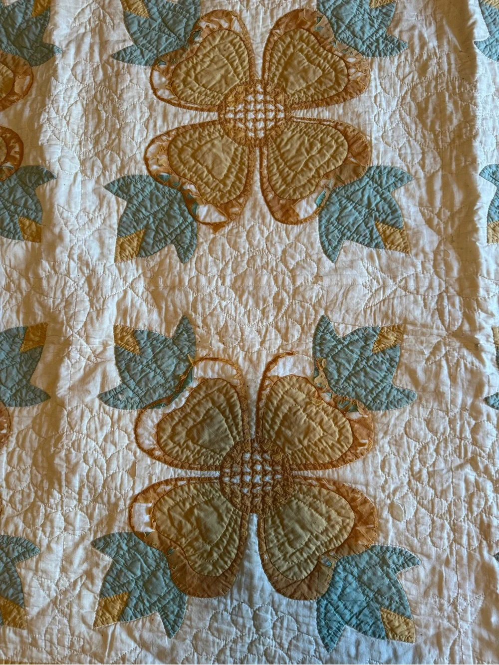 Handmade Vintage Floral Patchwork Quilt in Gold and Cream